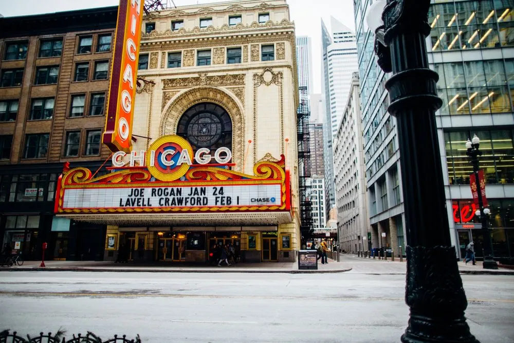 The Chicago Theatre's illuminated marquee and historic facade on State Street