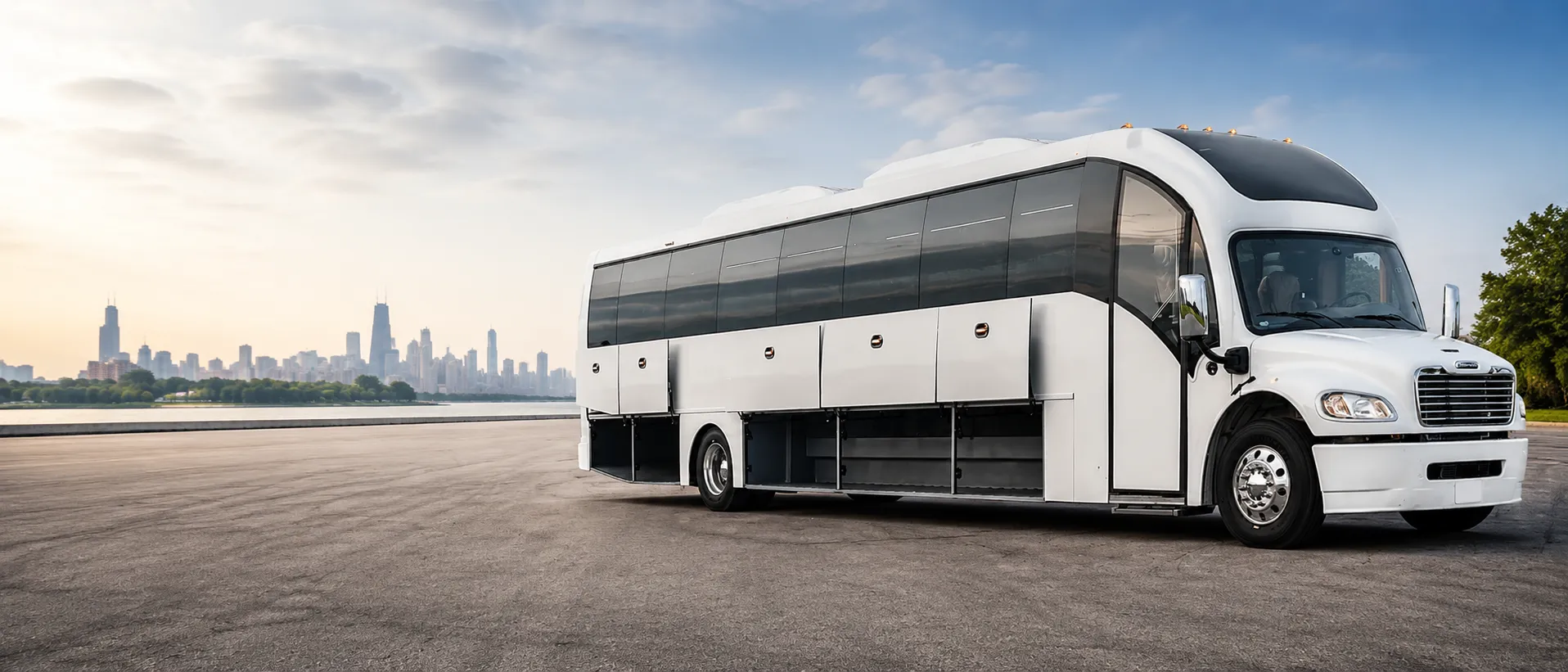 The Chicago Super Coach executive coach bus parked with its luggage bays open, the Chicago skyline across the water behind it