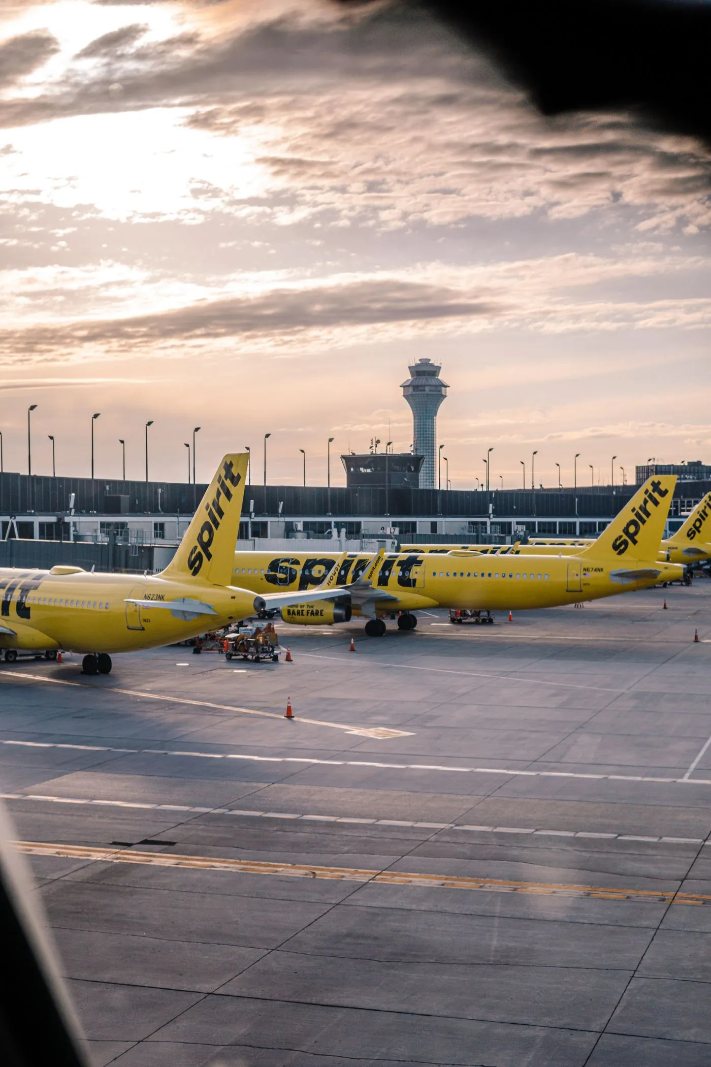 Aircraft and the control tower at O'Hare International Airport near Rosemont