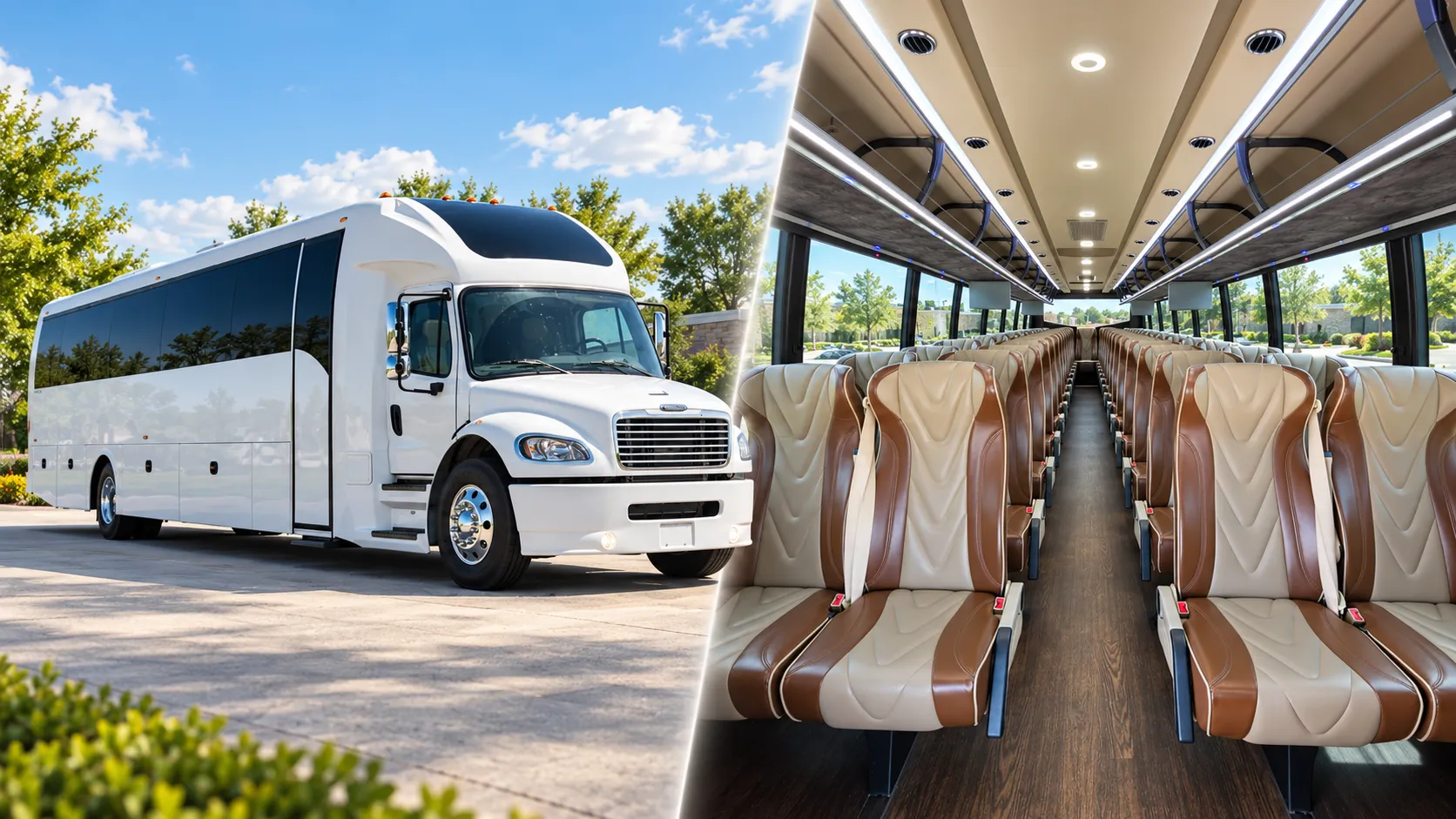 A white coach bus exterior alongside its interior with rows of tan leather seats