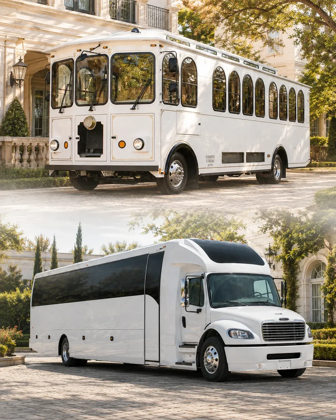 A white trolley and a white coach bus, each parked at the entrance of a wedding venue