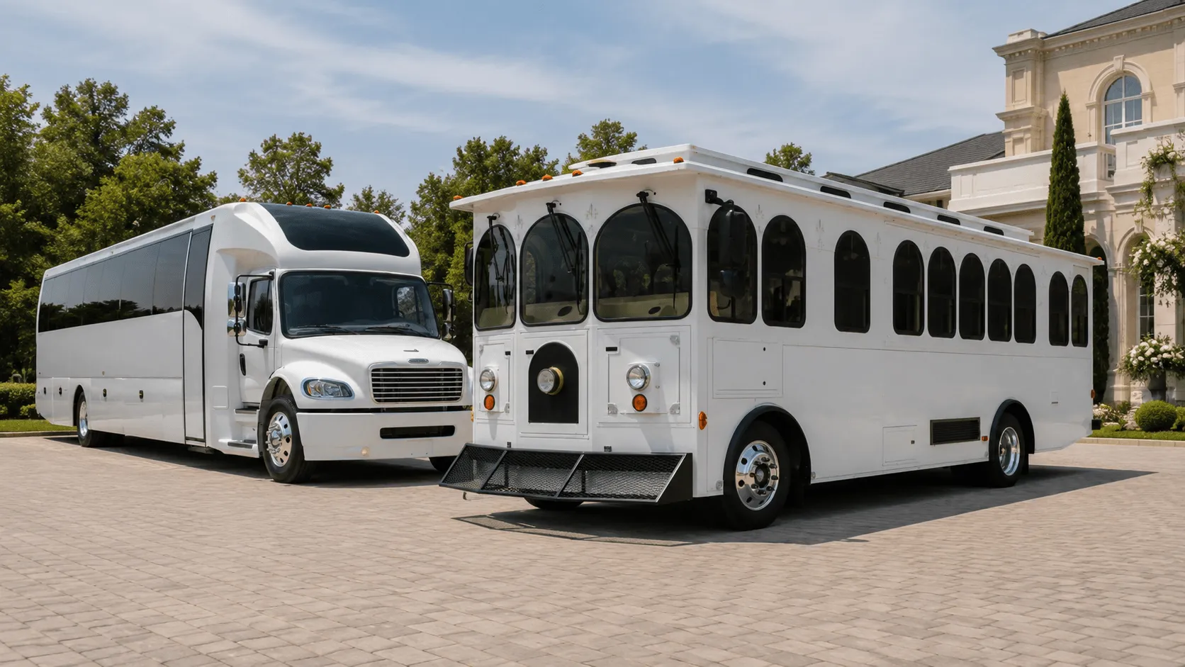 A white coach bus and a white trolley parked side by side outside a wedding venue
